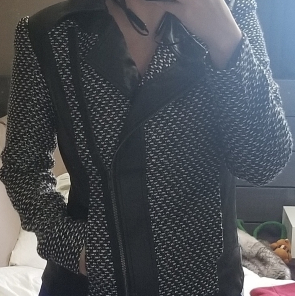 Jessica Simpson Bomber Tweed & Pleather Jacket XS